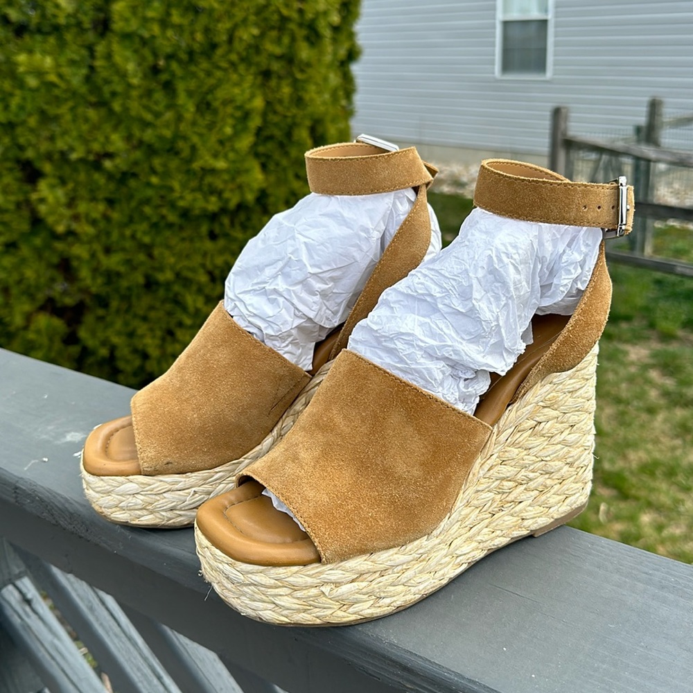 MARC FISHER Suede Platform Straw Wedge Sandals